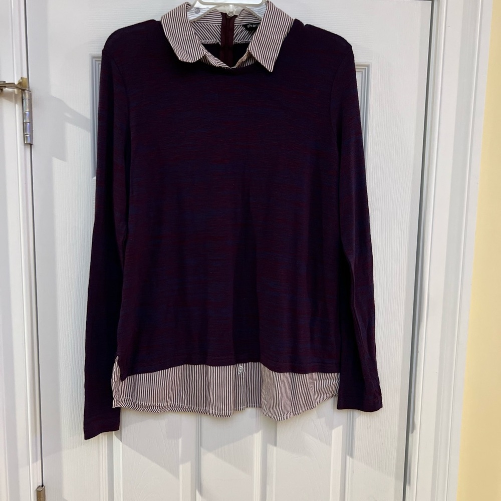 Ladies Size Large "Sharagano" Burgundy Top with Striped Collar Sweater Over tone